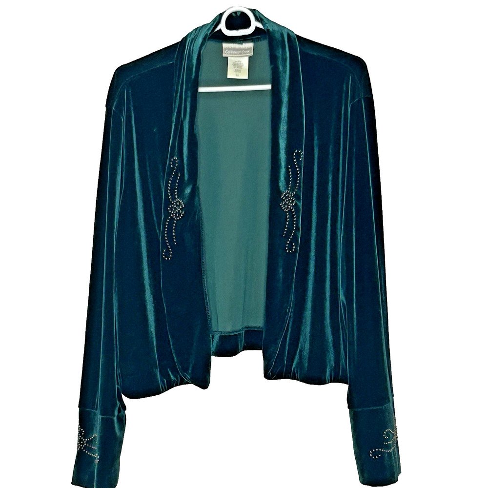 Coldwater Creek Formal Dress and Jacket XL Green Velour Gold Beads 2 Piece Set - Picture 3 of 11